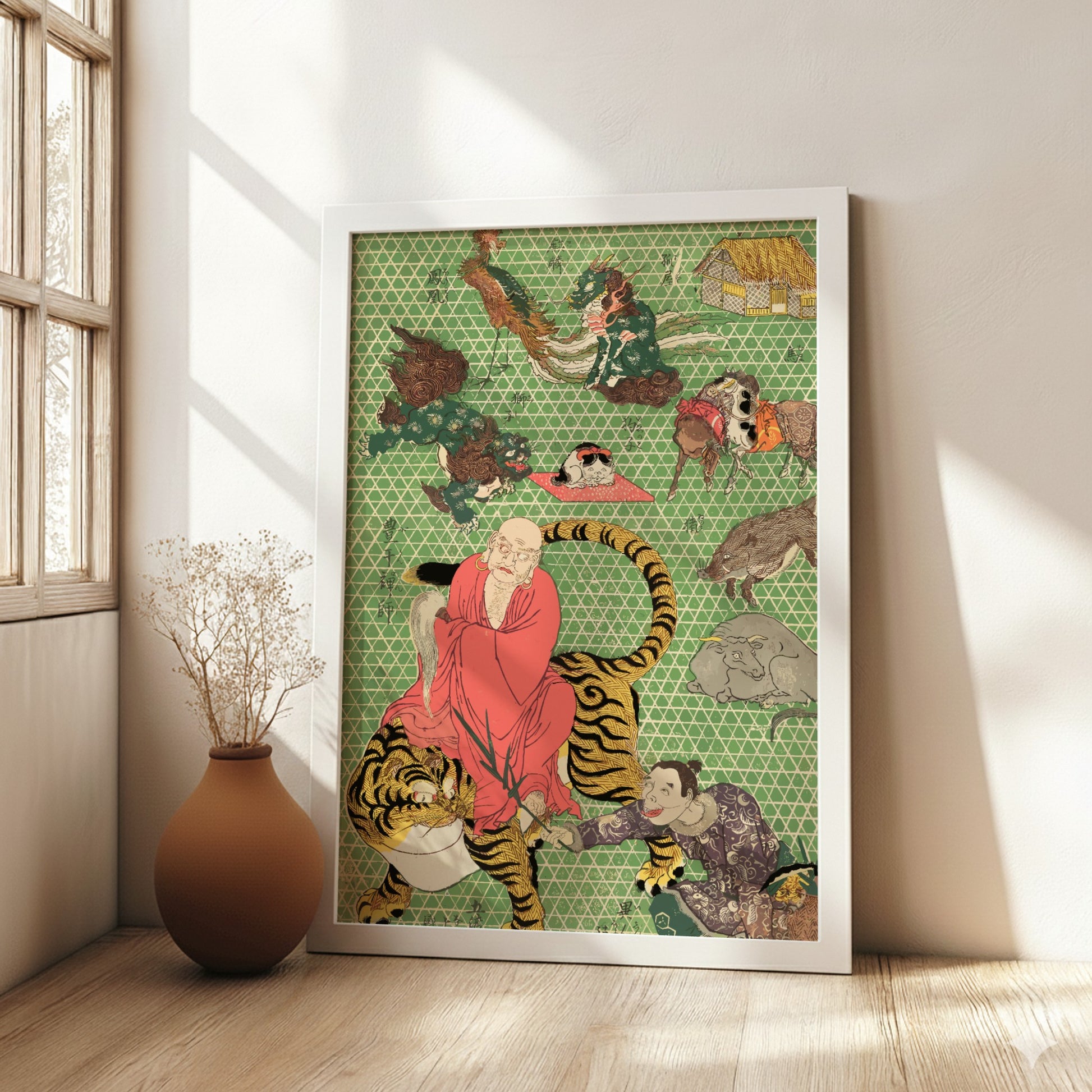 Japanese woodblock print poster of a Buddhist monk riding a tiger, with a green geometric background.