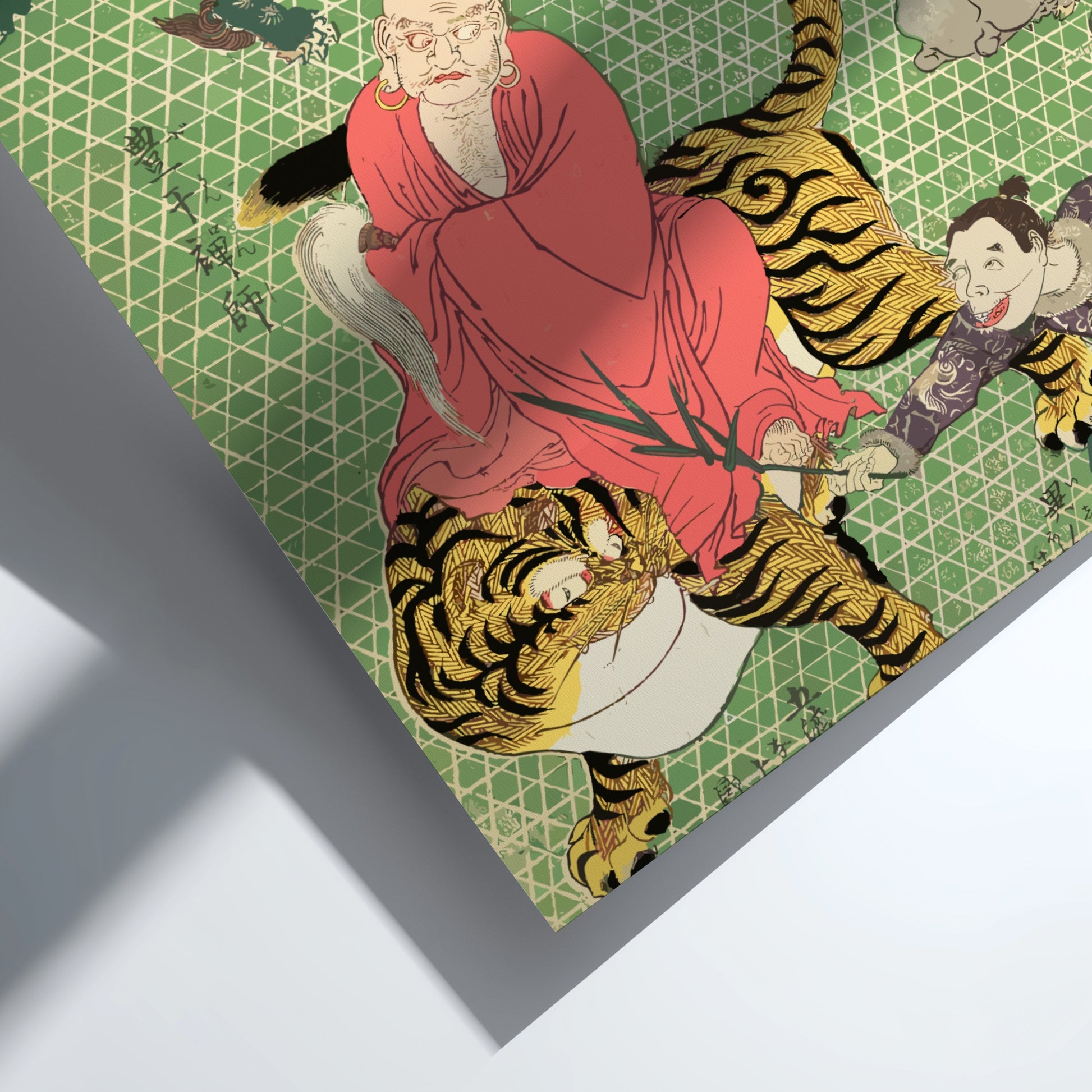 Japanese woodblock print poster of a Buddhist monk riding a tiger, with a green geometric background.
