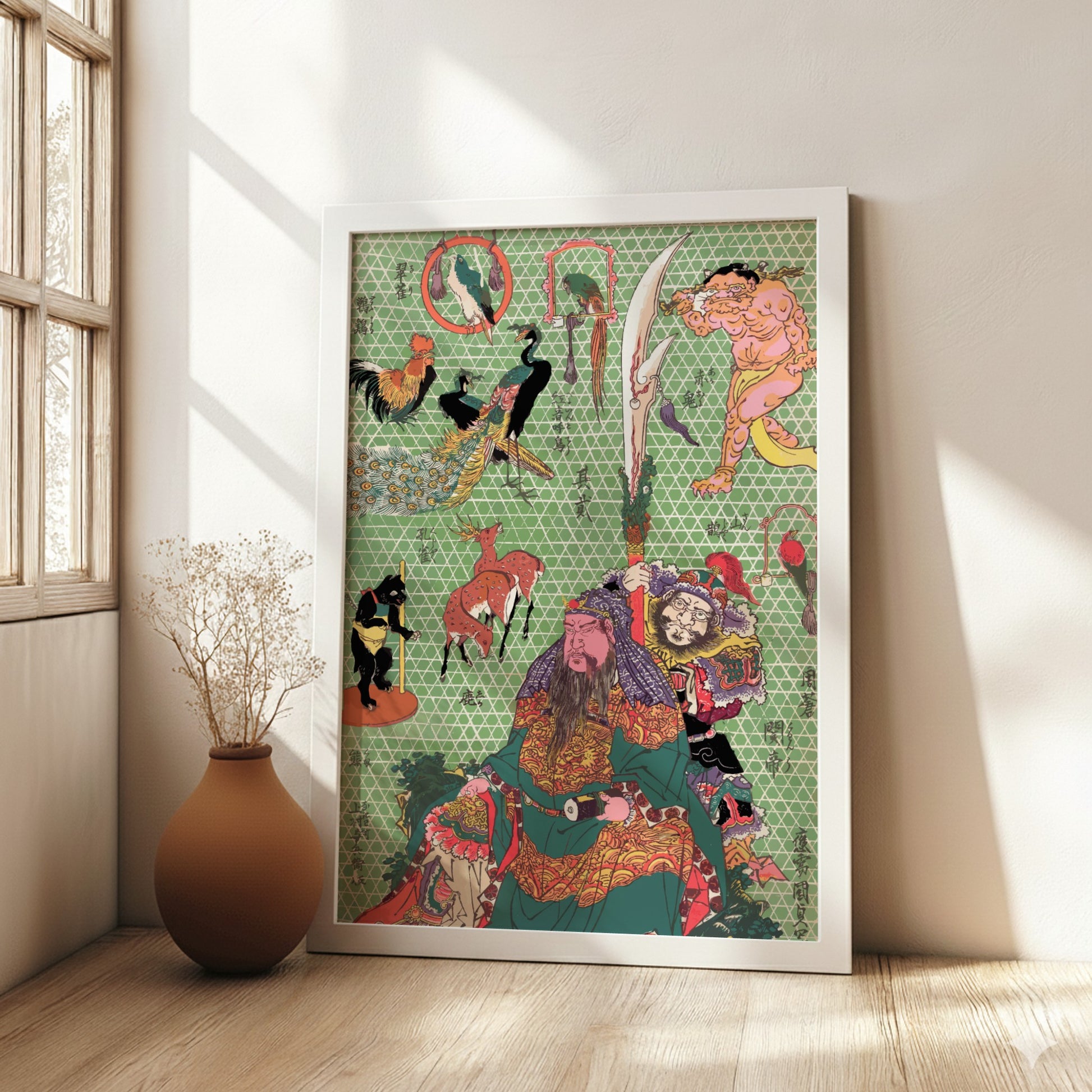 Japanese Ukiyo-e art poster featuring mythological figures, peacock, rooster, deer, and monkey on a green