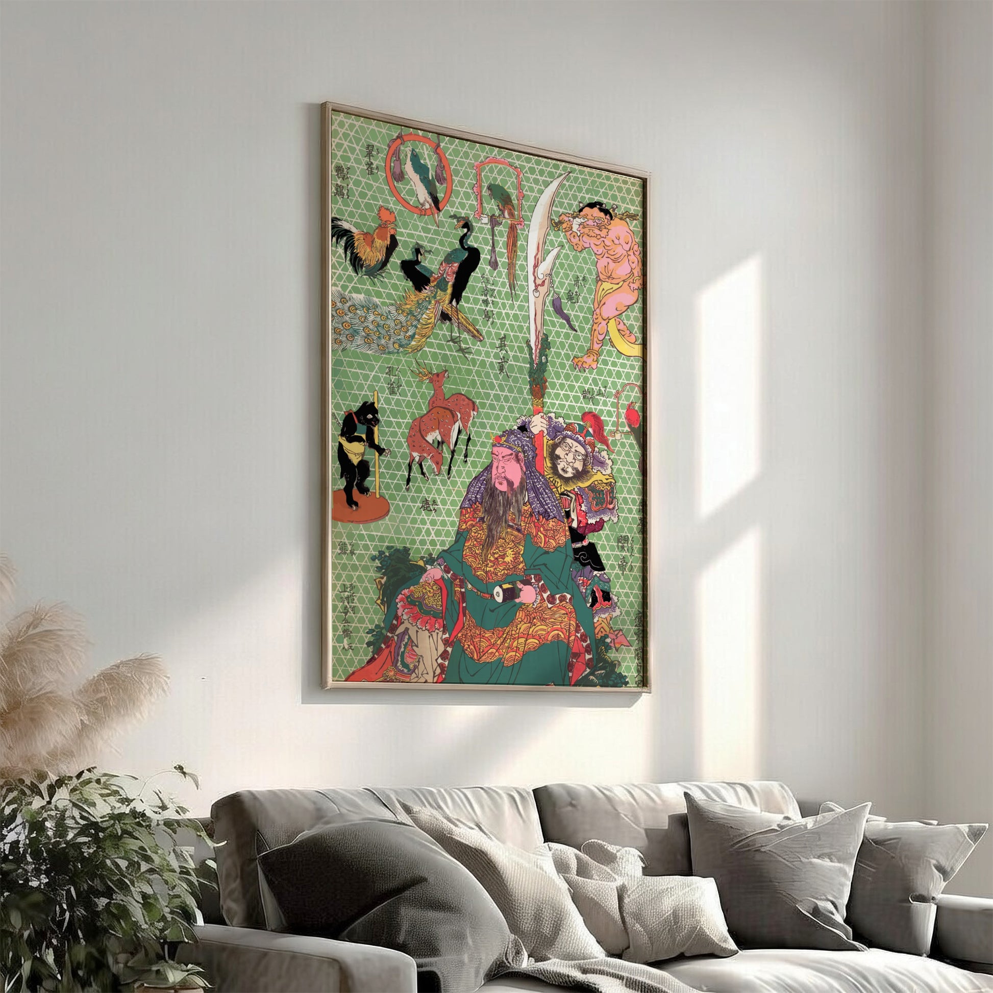 Japanese Ukiyo-e art poster featuring mythological figures, peacock, rooster, deer, and monkey on a green