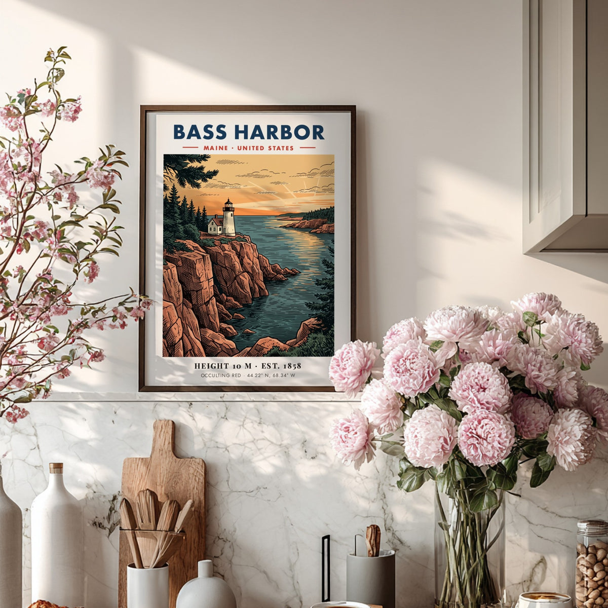 Poster of Bass Harbor Lighthouse in Maine featuring a rugged cliffside at sunset