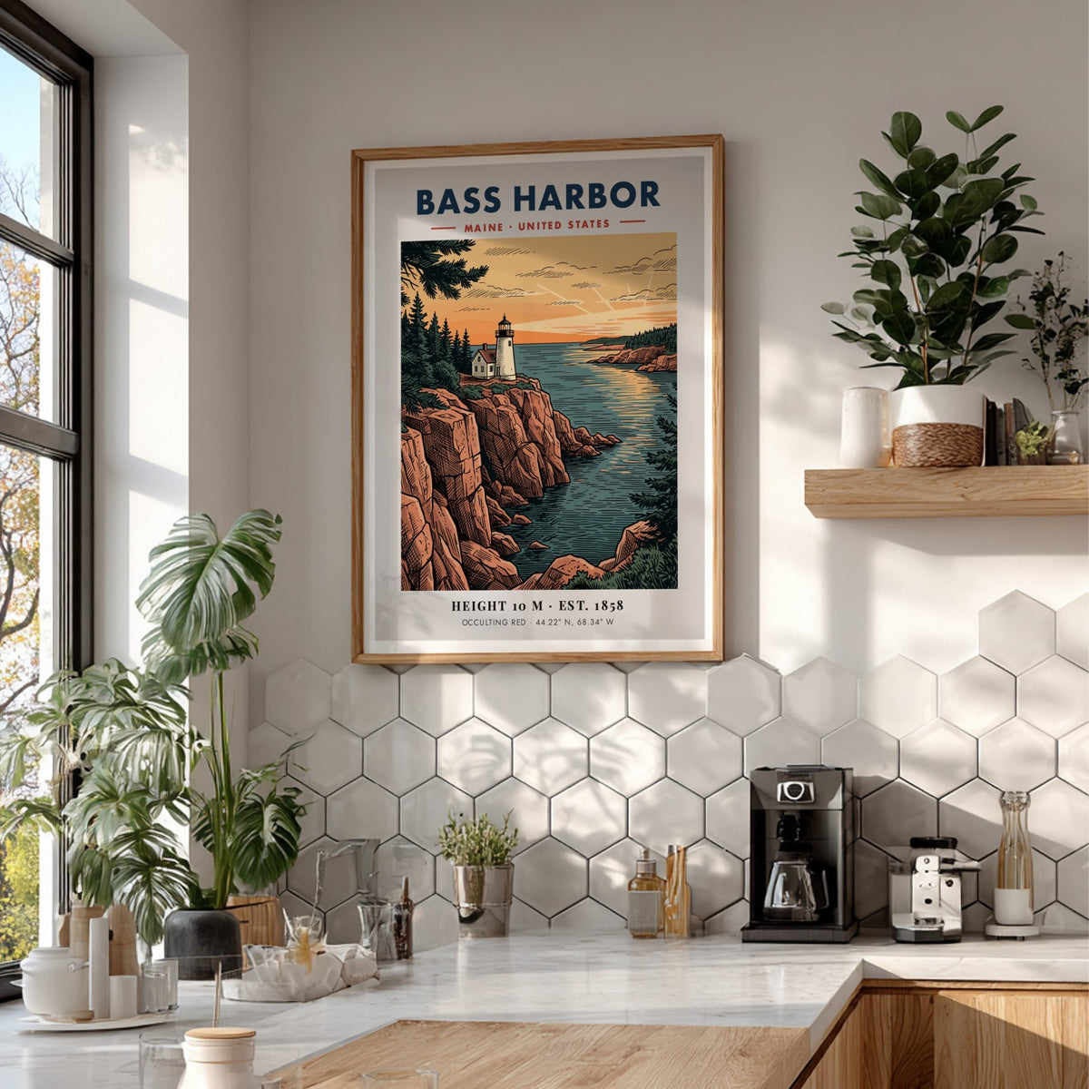 Poster of Bass Harbor Lighthouse in Maine featuring a rugged cliffside at sunset