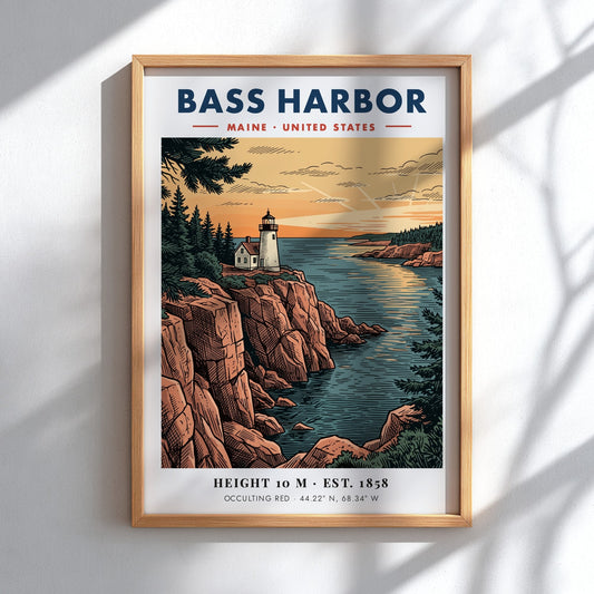 Poster of Bass Harbor Lighthouse in Maine featuring a rugged cliffside at sunset