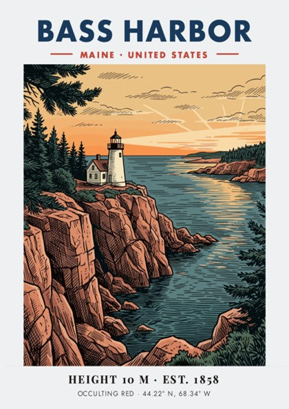 Poster of Bass Harbor Lighthouse in Maine featuring a rugged cliffside at sunset