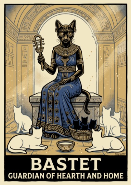 Bastet poster depicting an Egyptian cat goddess with white cats and hieroglyphs