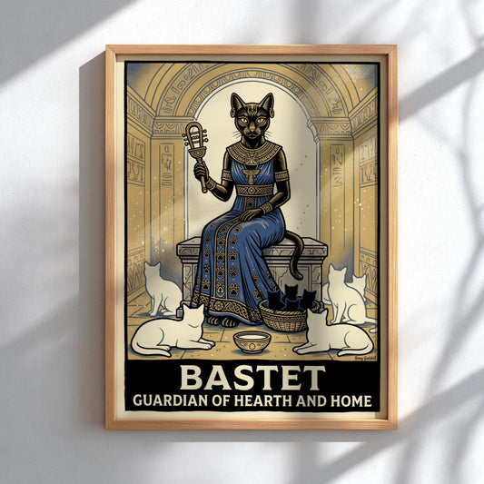 Bastet poster depicting an Egyptian cat goddess with white cats and hieroglyphs
