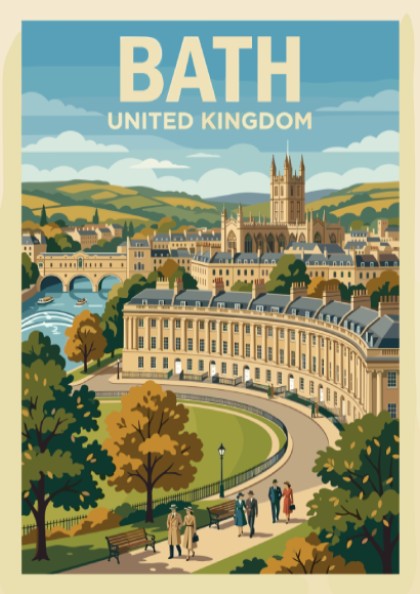 Poster featuring Bath United Kingdom with the Royal Crescent, stone architecture, and people.