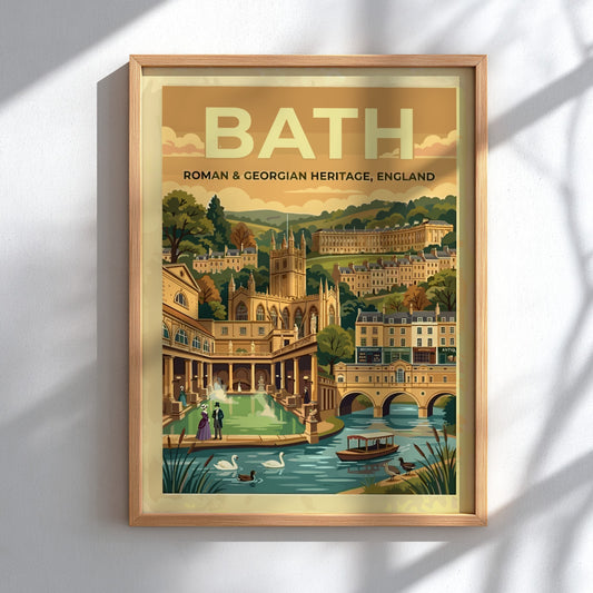Travel poster of Bath featuring Roman and Georgian heritage buildings in warm gold tones.