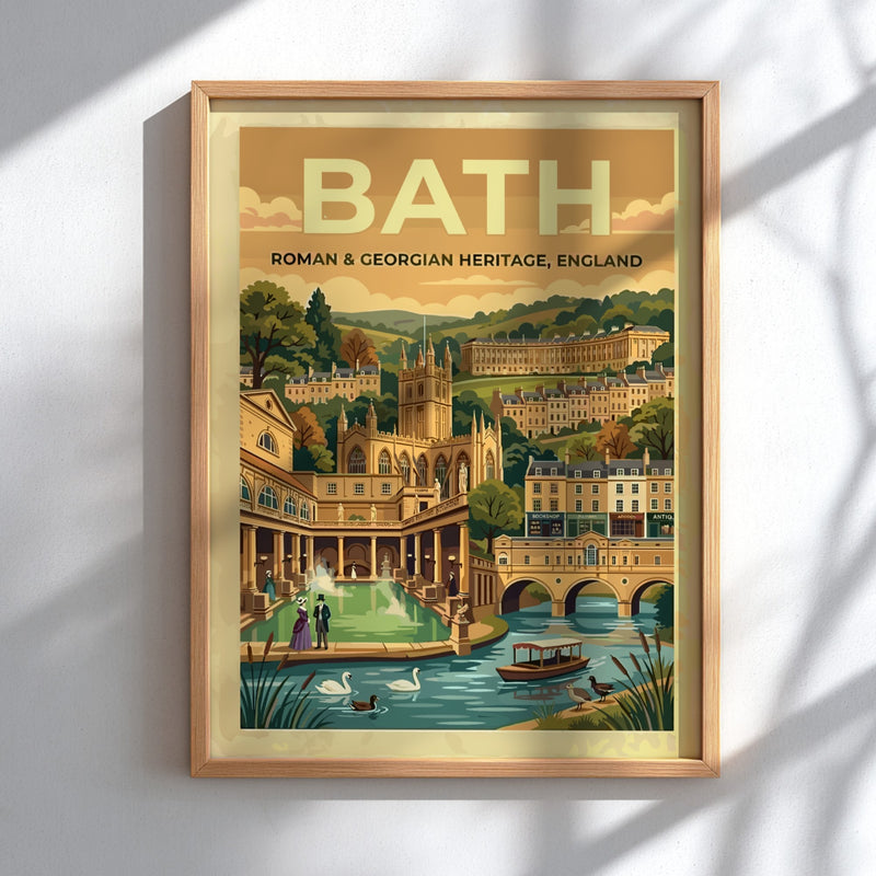 Travel poster of Bath featuring Roman and Georgian heritage buildings in warm gold tones.