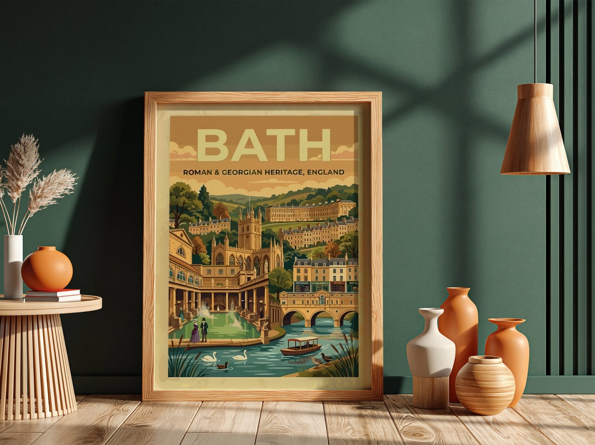 Travel poster of Bath featuring Roman and Georgian heritage buildings in warm gold tones.