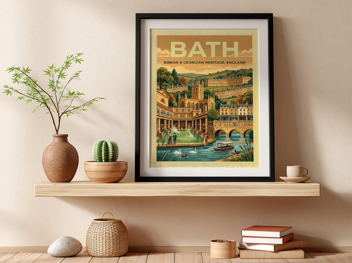 Travel poster of Bath featuring Roman and Georgian heritage buildings in warm gold tones.