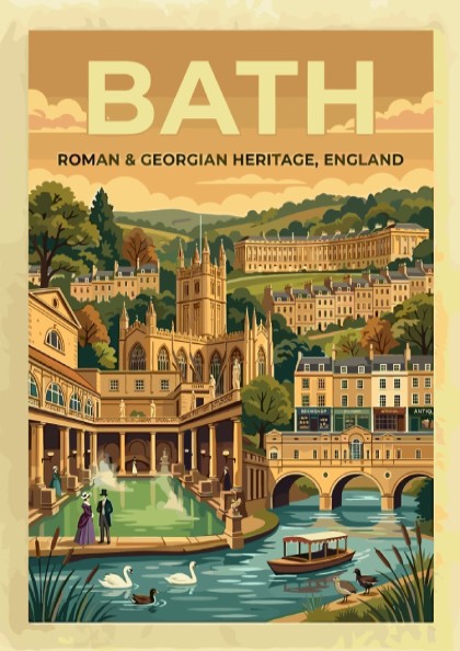Travel poster of Bath featuring Roman and Georgian heritage buildings in warm gold tones.