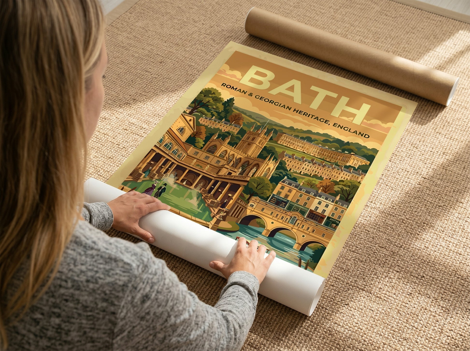 Travel poster of Bath featuring Roman and Georgian heritage buildings in warm gold tones.
