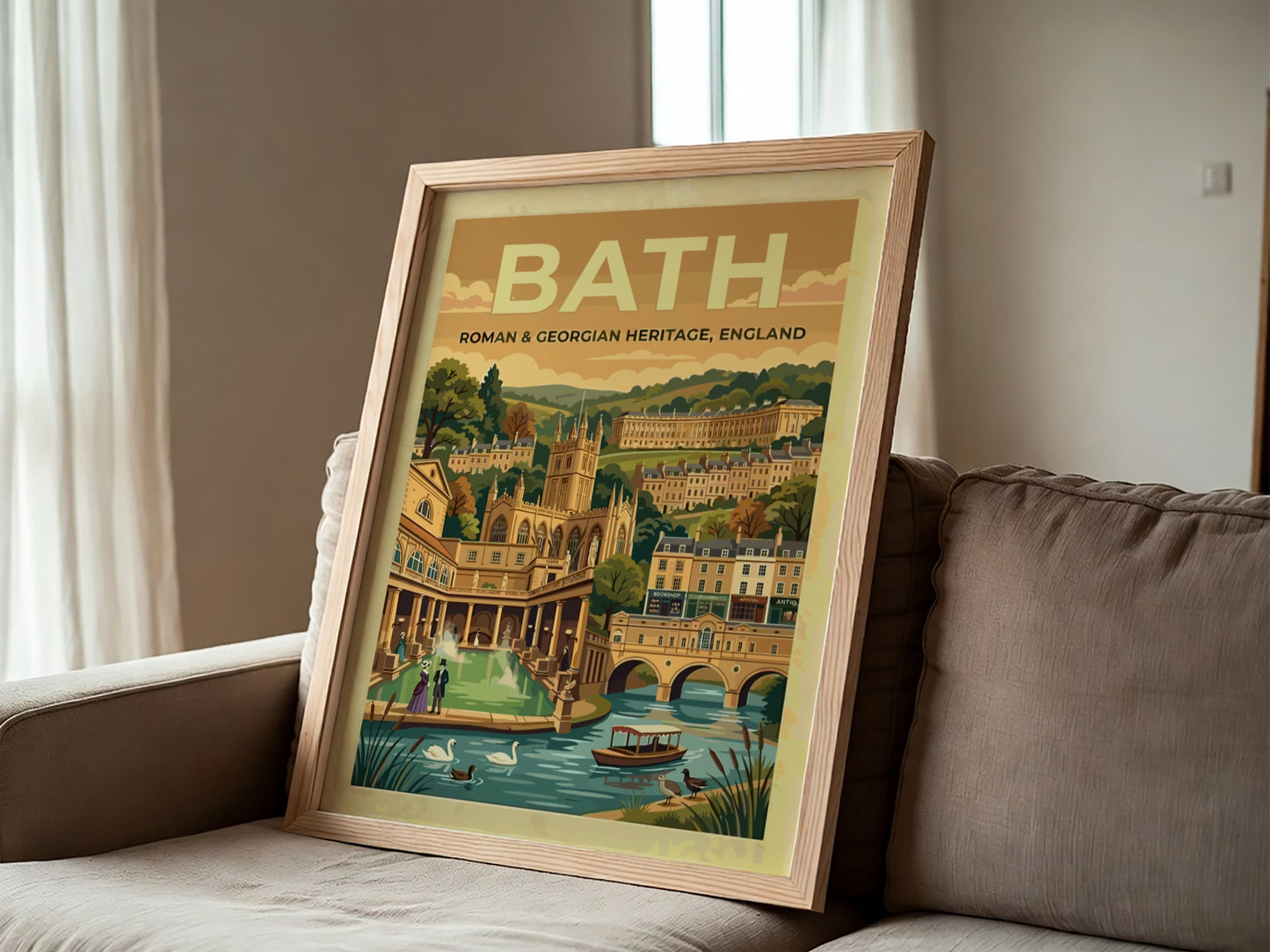 Travel poster of Bath featuring Roman and Georgian heritage buildings in warm gold tones.