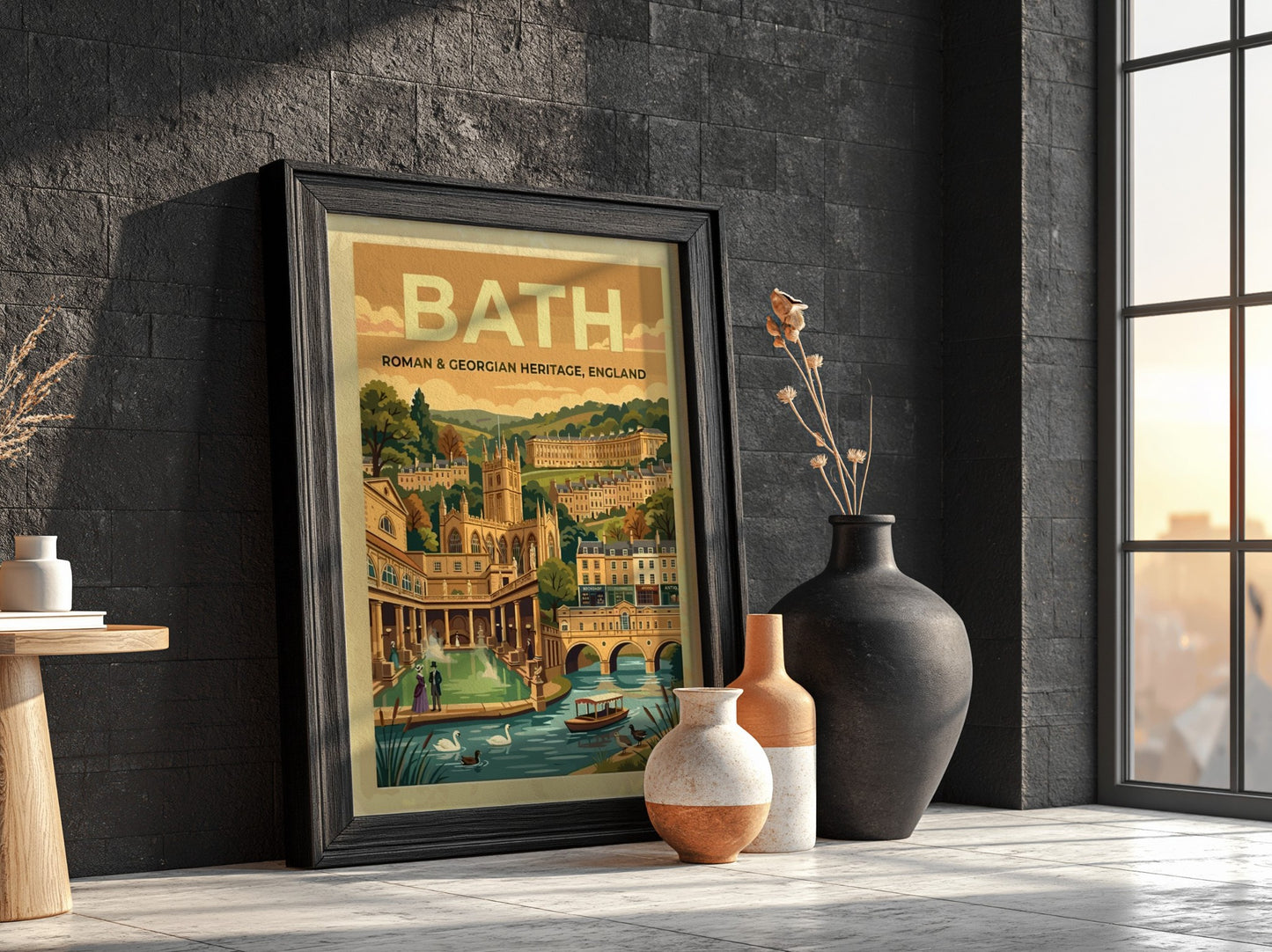 Travel poster of Bath featuring Roman and Georgian heritage buildings in warm gold tones.