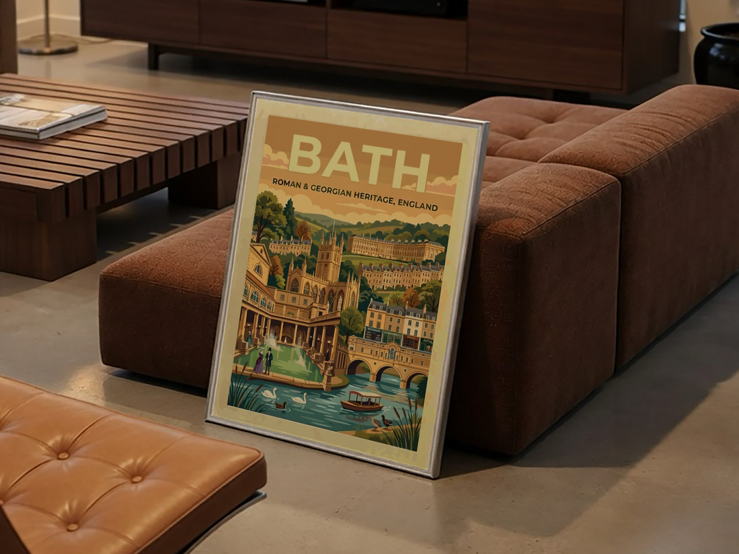Travel poster of Bath featuring Roman and Georgian heritage buildings in warm gold tones.