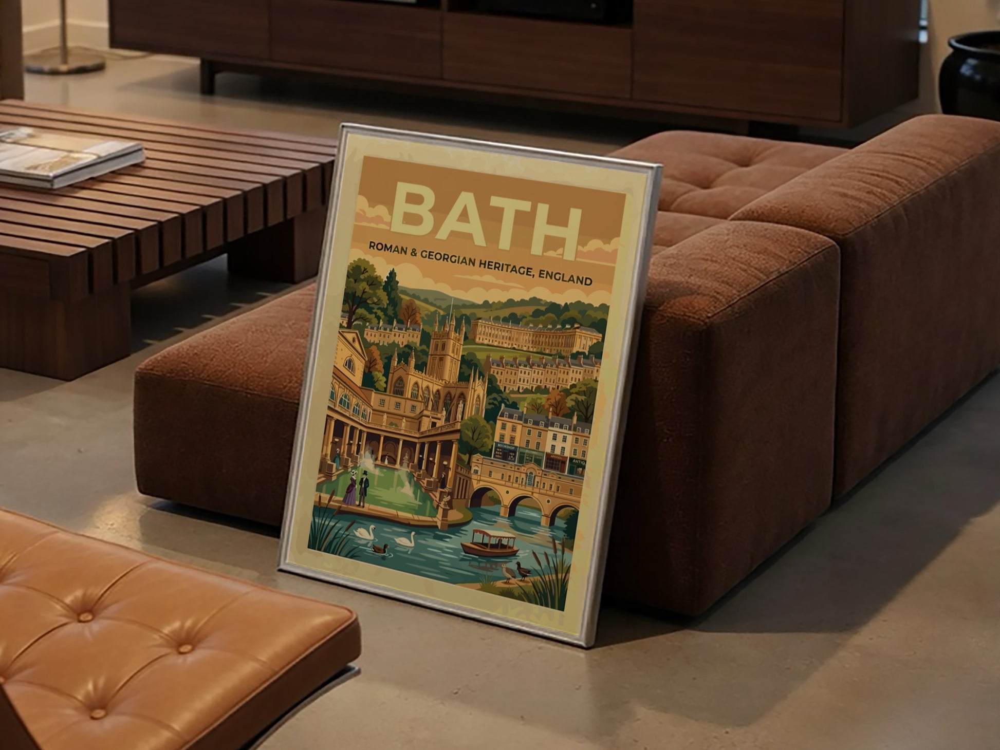 Travel poster of Bath featuring Roman and Georgian heritage buildings in warm gold tones.