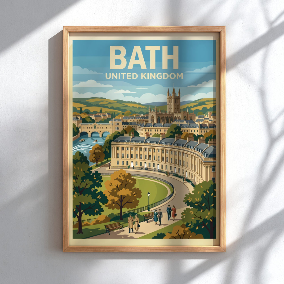 Poster featuring Bath United Kingdom with the Royal Crescent, stone architecture, and people.