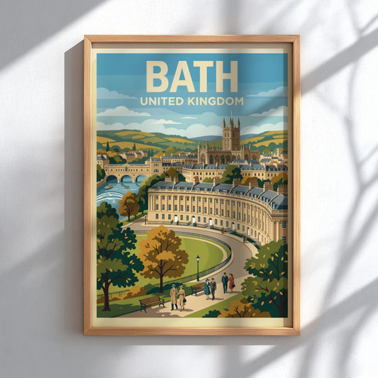 Poster featuring Bath United Kingdom with the Royal Crescent, stone architecture, and people.