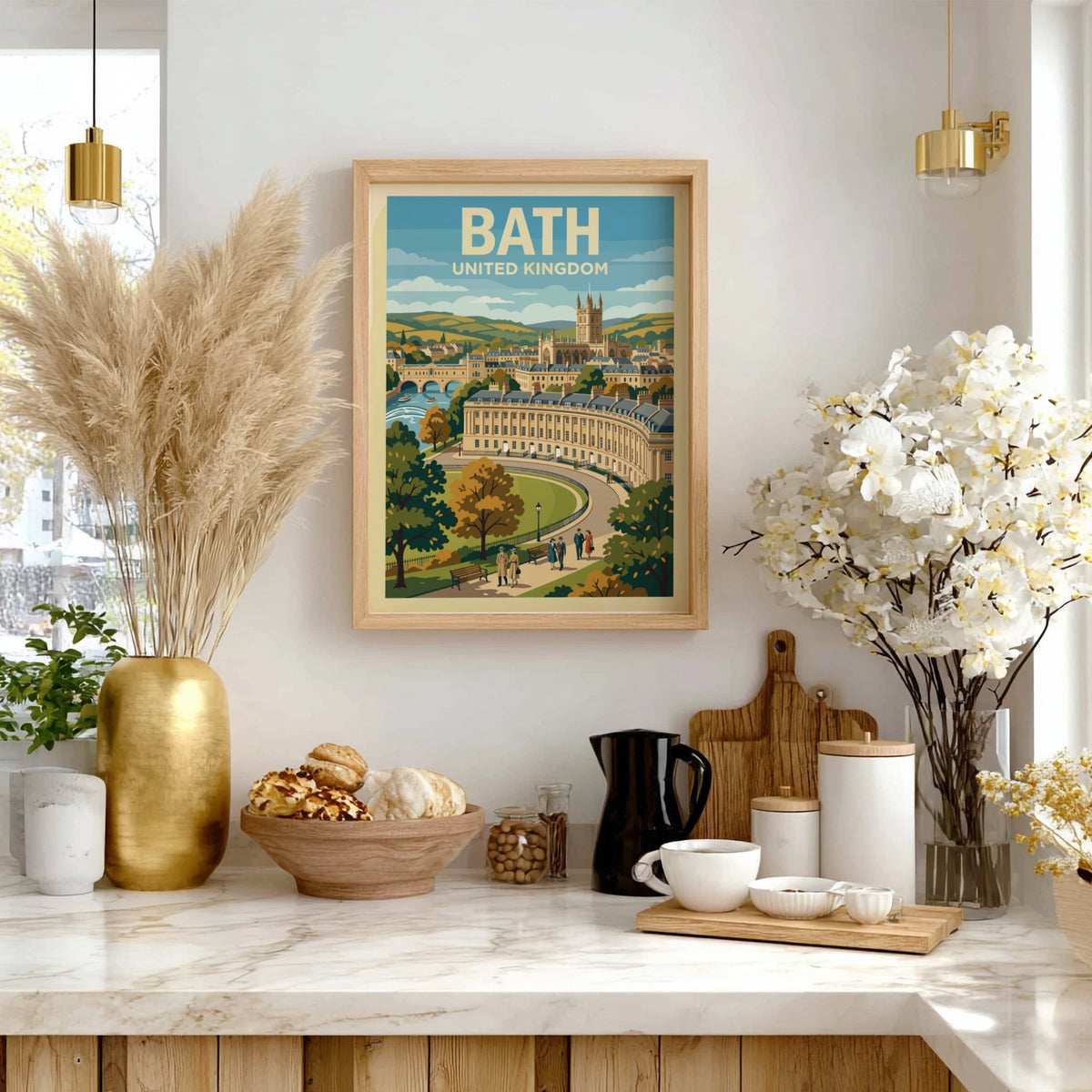 Poster featuring Bath United Kingdom with the Royal Crescent, stone architecture, and people.