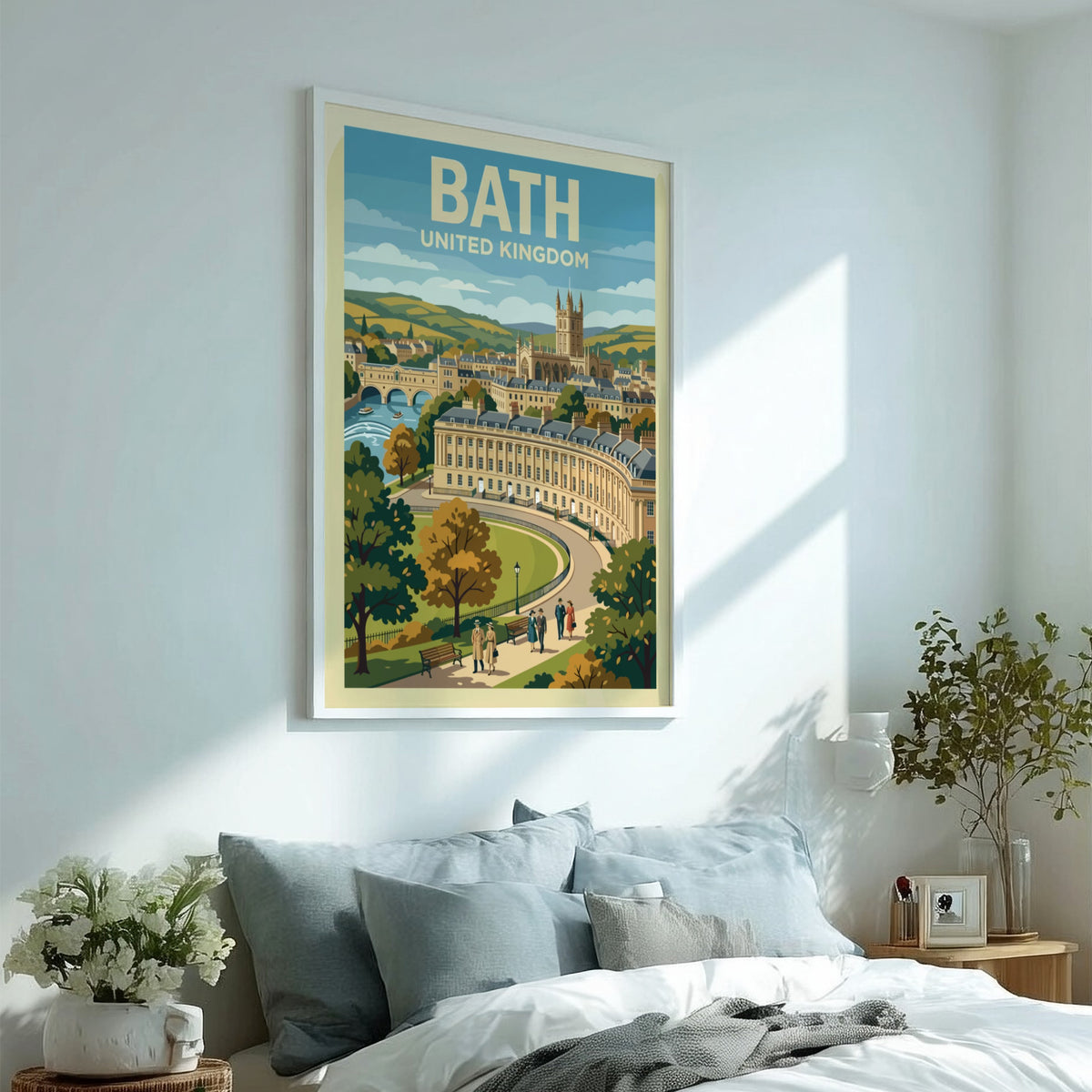 Poster featuring Bath United Kingdom with the Royal Crescent, stone architecture, and people.