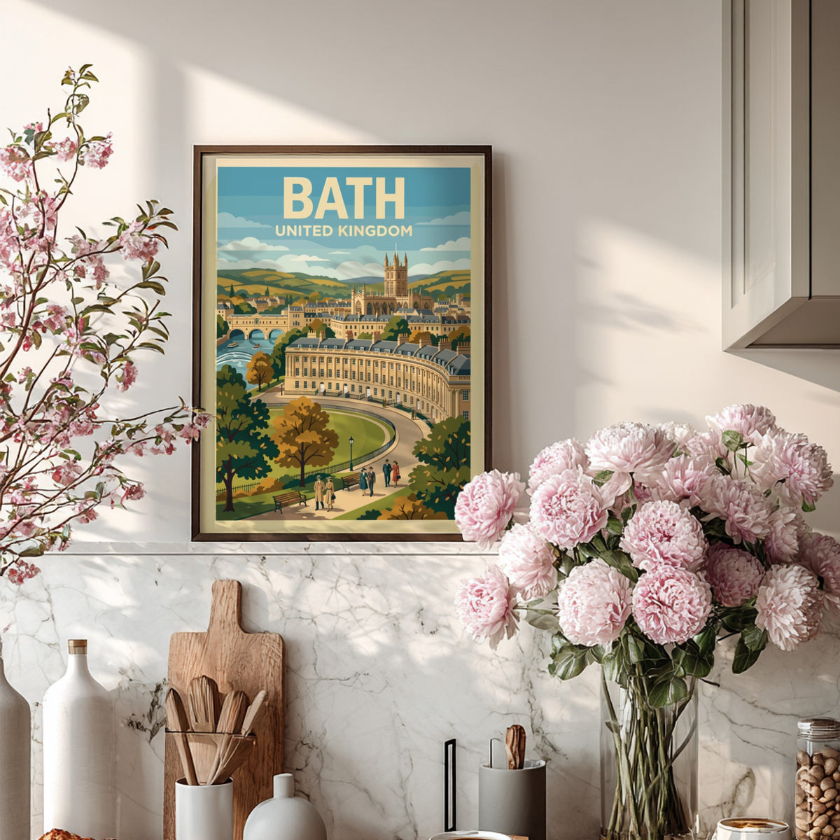 Poster featuring Bath United Kingdom with the Royal Crescent, stone architecture, and people.