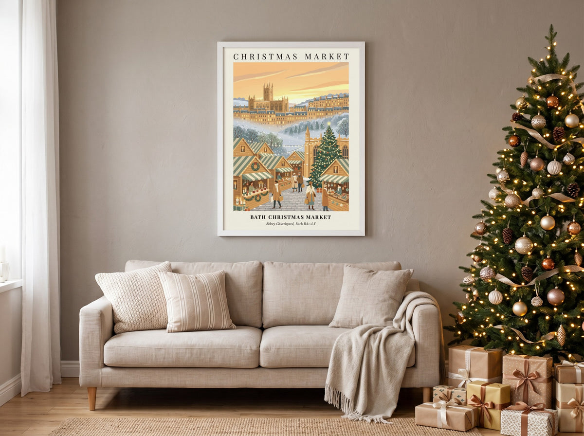 Poster of Bath Christmas Market with wooden stalls, a decorated tree, and historic architecture.