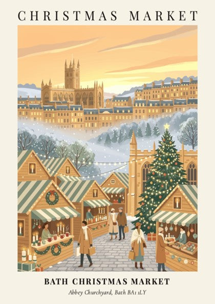 Poster of Bath Christmas Market with wooden stalls, a decorated tree, and historic architecture.