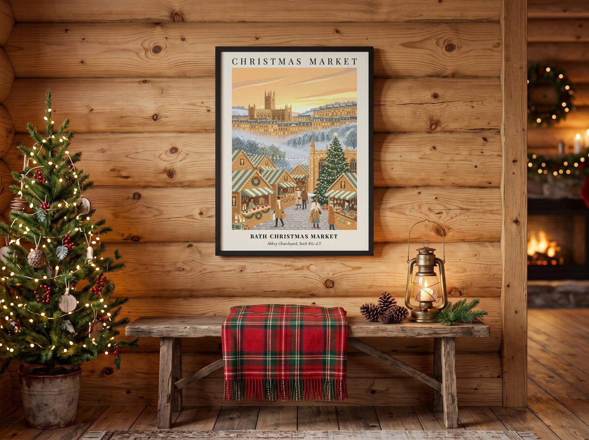 Poster of Bath Christmas Market with wooden stalls, a decorated tree, and historic architecture.