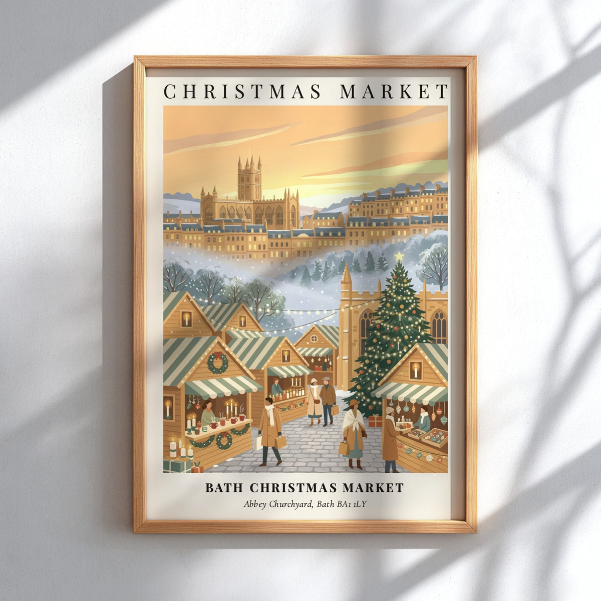 Poster of Bath Christmas Market with wooden stalls, a decorated tree, and historic architecture.