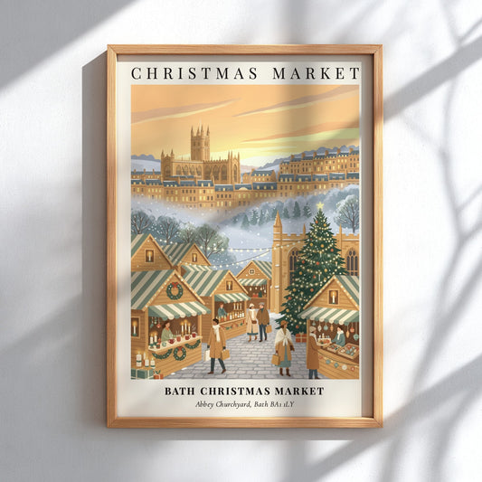 Poster of Bath Christmas Market with wooden stalls, a decorated tree, and historic architecture.