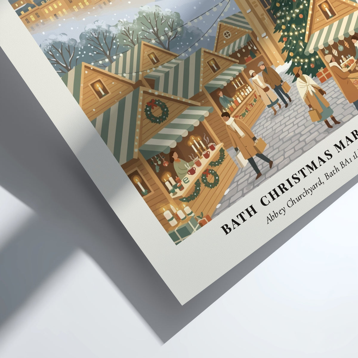 Poster of Bath Christmas Market with wooden stalls, a decorated tree, and historic architecture.