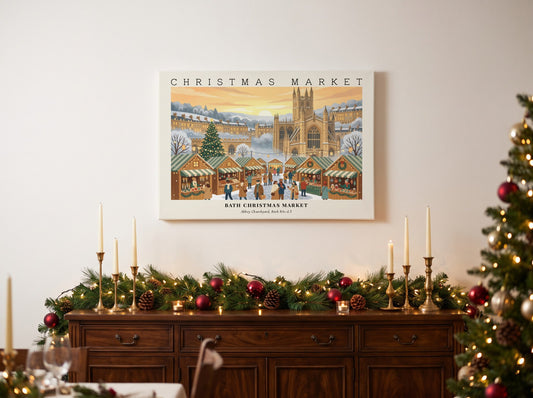Poster featuring a festive Bath Christmas Market scene with historic architecture, glowing wooden stalls, and