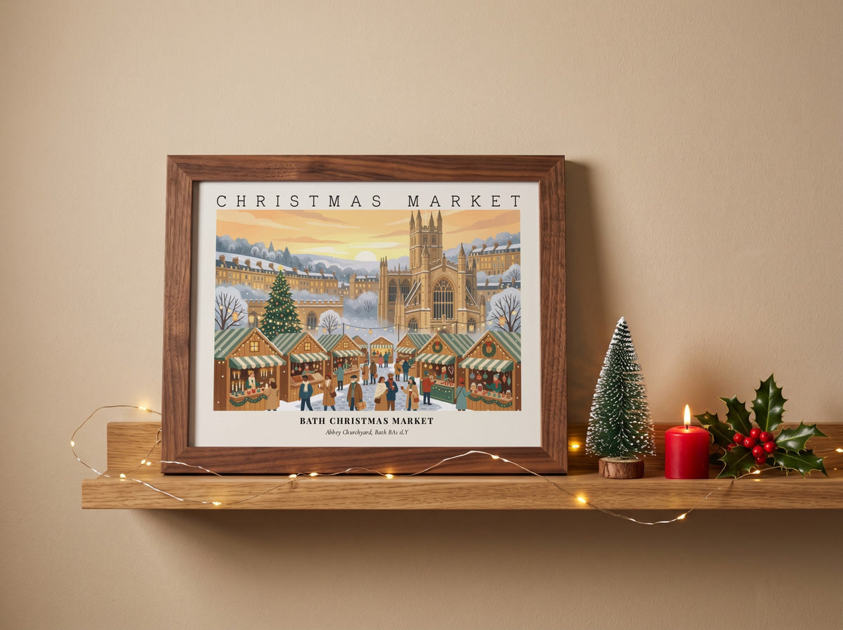 Poster featuring a festive Bath Christmas Market scene with historic architecture, glowing wooden stalls, and