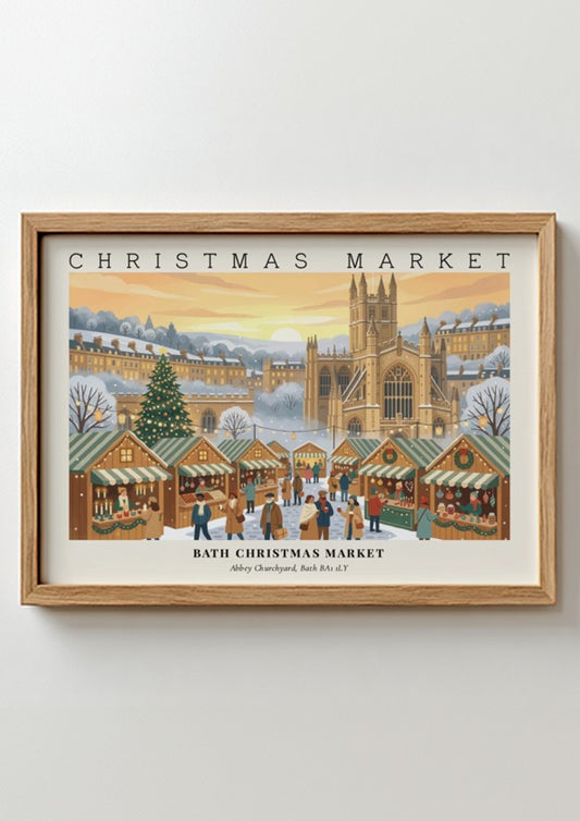 Poster featuring a festive Bath Christmas Market scene with historic architecture, glowing wooden stalls, and