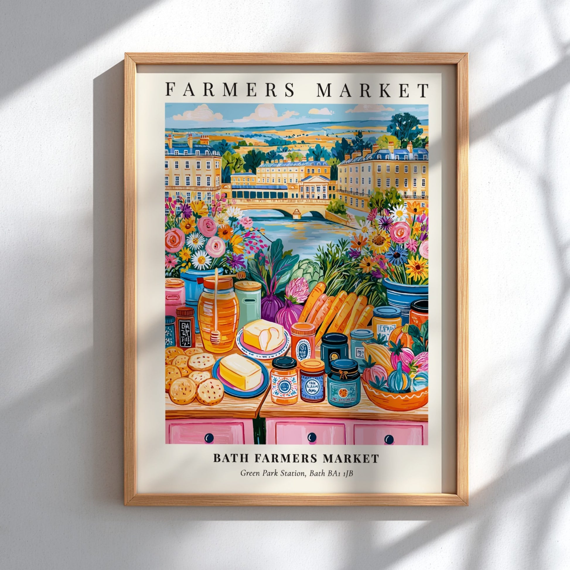 Bath Farmers Market poster featuring colorful produce and flowers in a vibrant market scene