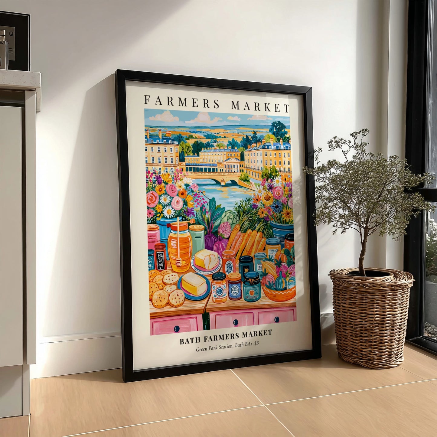 Bath Farmers Market poster featuring colorful produce and flowers in a vibrant market scene