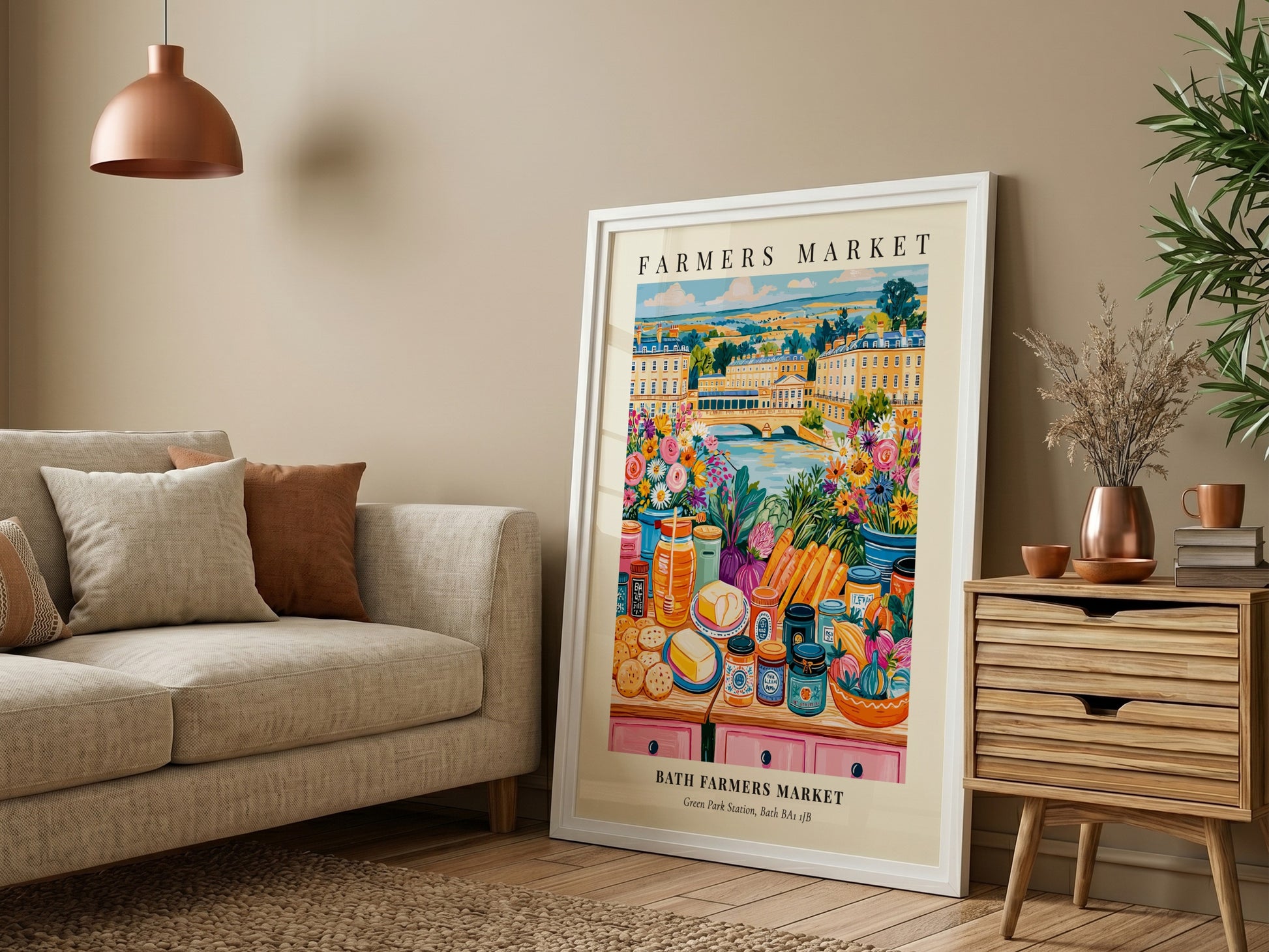 Bath Farmers Market poster featuring colorful produce and flowers in a vibrant market scene