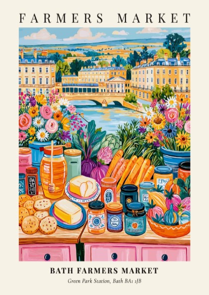 Bath Farmers Market poster featuring colorful produce and flowers in a vibrant market scene