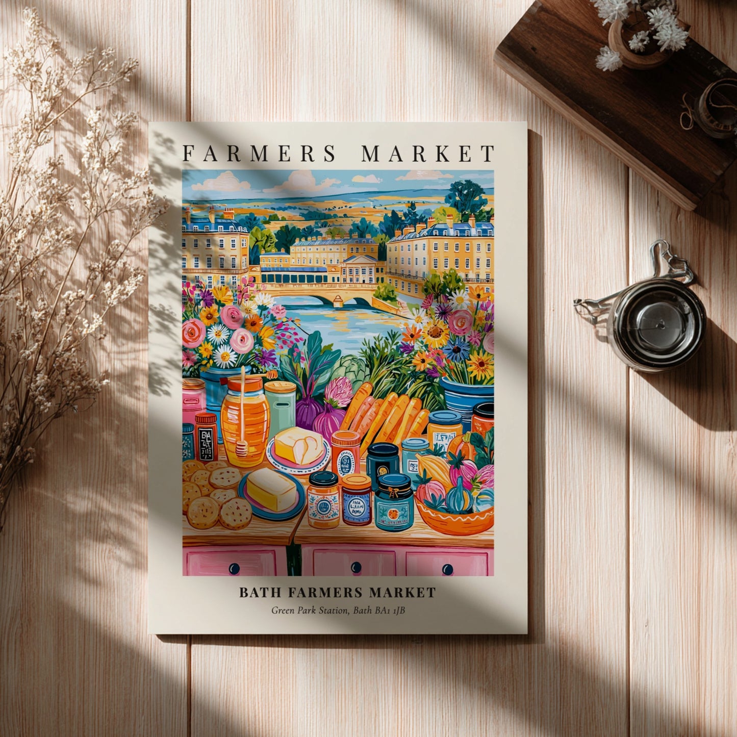 Bath Farmers Market poster featuring colorful produce and flowers in a vibrant market scene