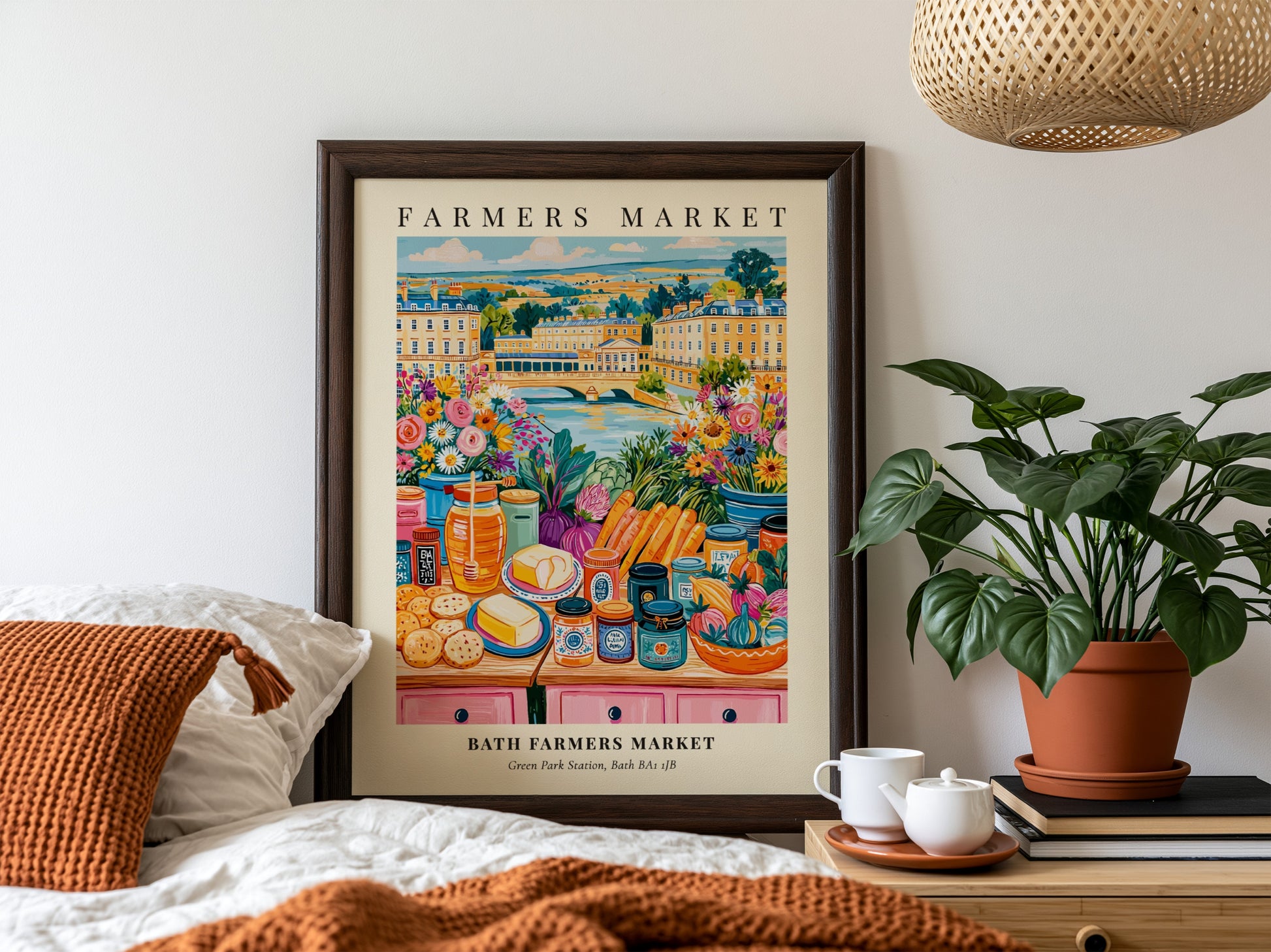 Bath Farmers Market poster featuring colorful produce and flowers in a vibrant market scene
