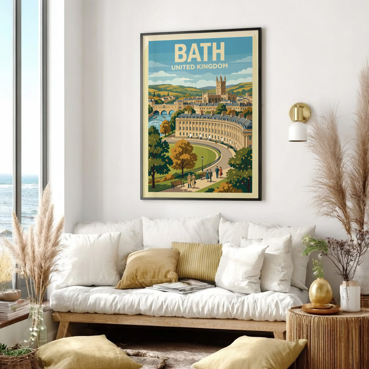 Poster featuring Bath United Kingdom with the Royal Crescent, stone architecture, and people.