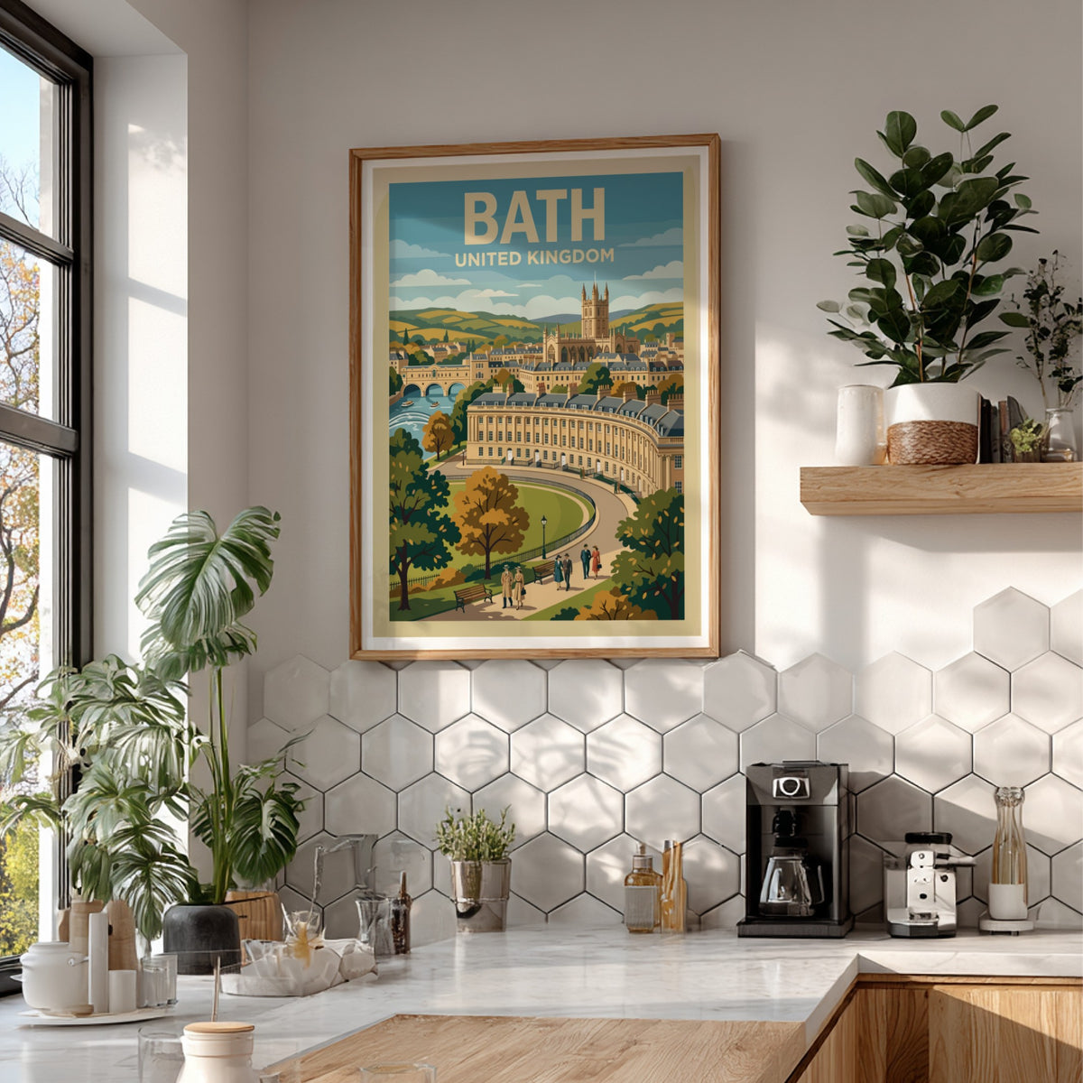 Poster featuring Bath United Kingdom with the Royal Crescent, stone architecture, and people.