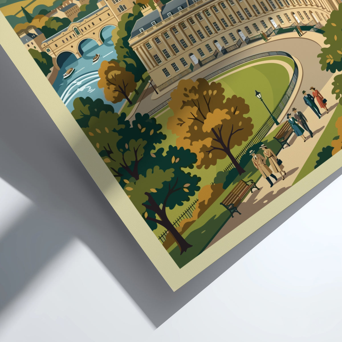 Poster featuring Bath United Kingdom with the Royal Crescent, stone architecture, and people.