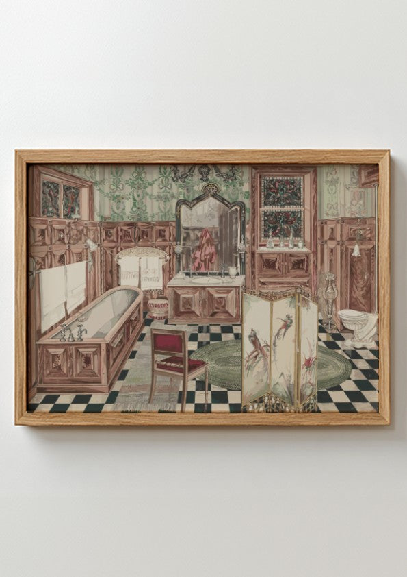 Vintage "Bathroom" watercolor and graphite drawing by Perkins Harnly, showcasing ornate fixtures and decor.