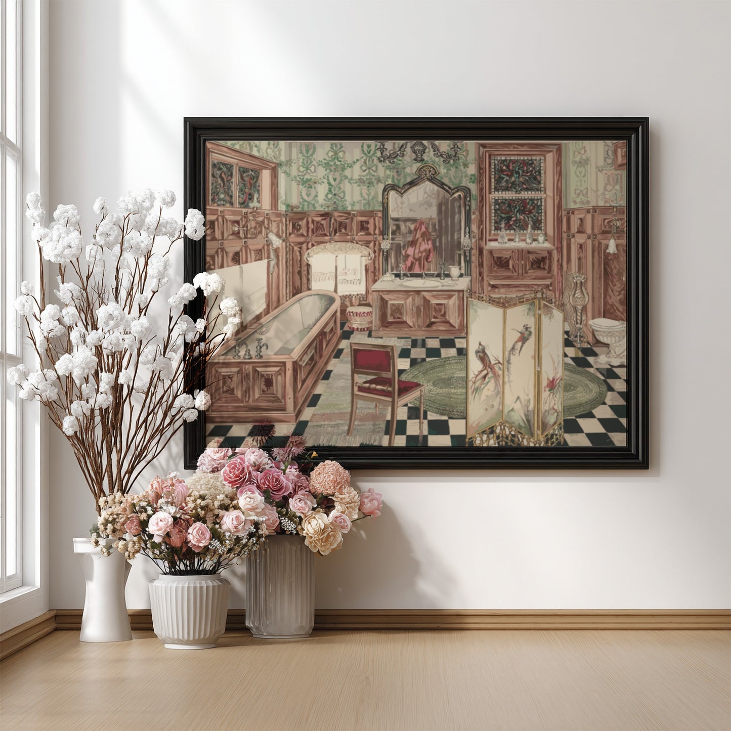 Vintage "Bathroom" watercolor and graphite drawing by Perkins Harnly, showcasing ornate fixtures and decor.