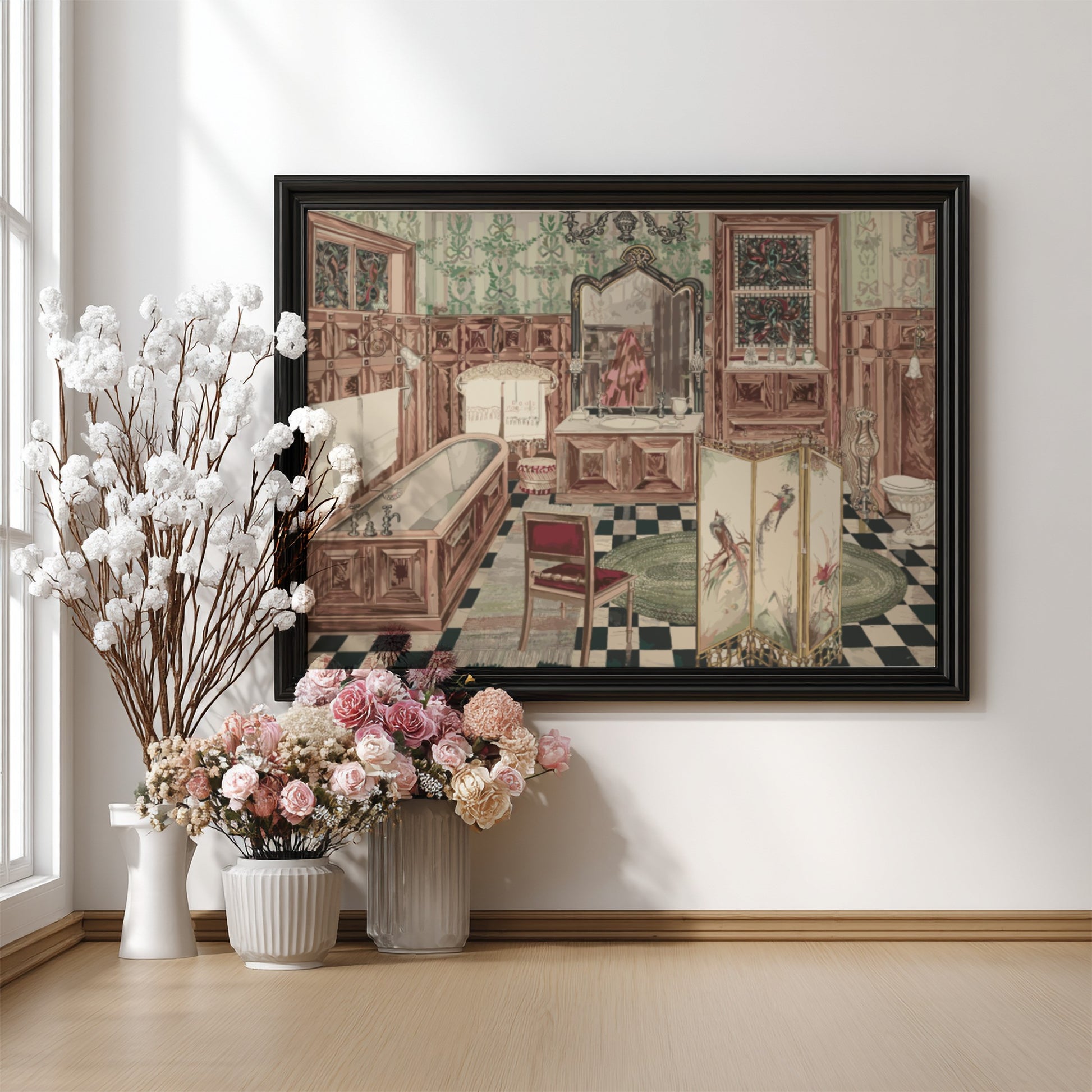 Vintage "Bathroom" watercolor and graphite drawing by Perkins Harnly, showcasing ornate fixtures and decor.