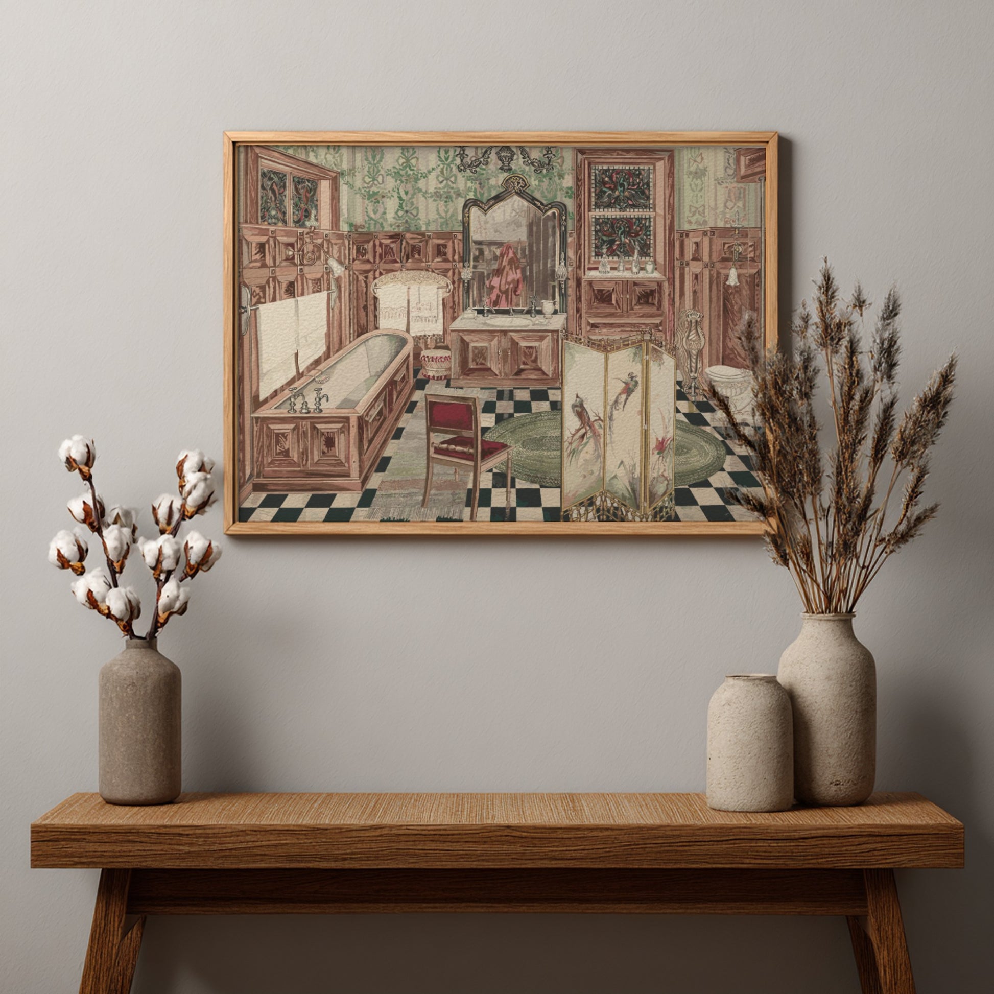 Vintage "Bathroom" watercolor and graphite drawing by Perkins Harnly, showcasing ornate fixtures and decor.