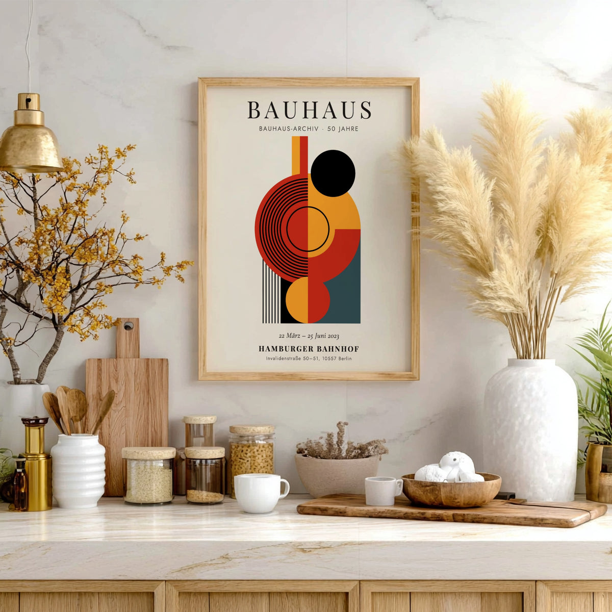 Bauhaus poster showcasing abstract geometric shapes in bold colors, perfect for modern decor