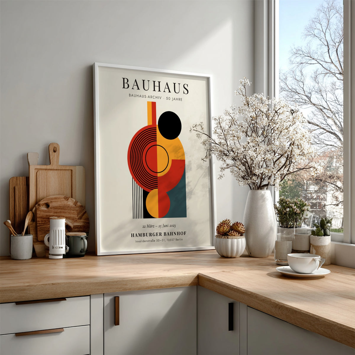Bauhaus poster showcasing abstract geometric shapes in bold colors, perfect for modern decor